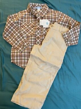 NWT Janie and Jack Cream & Tan Plaid Shirt and linen pant Sz 3T outfit Set